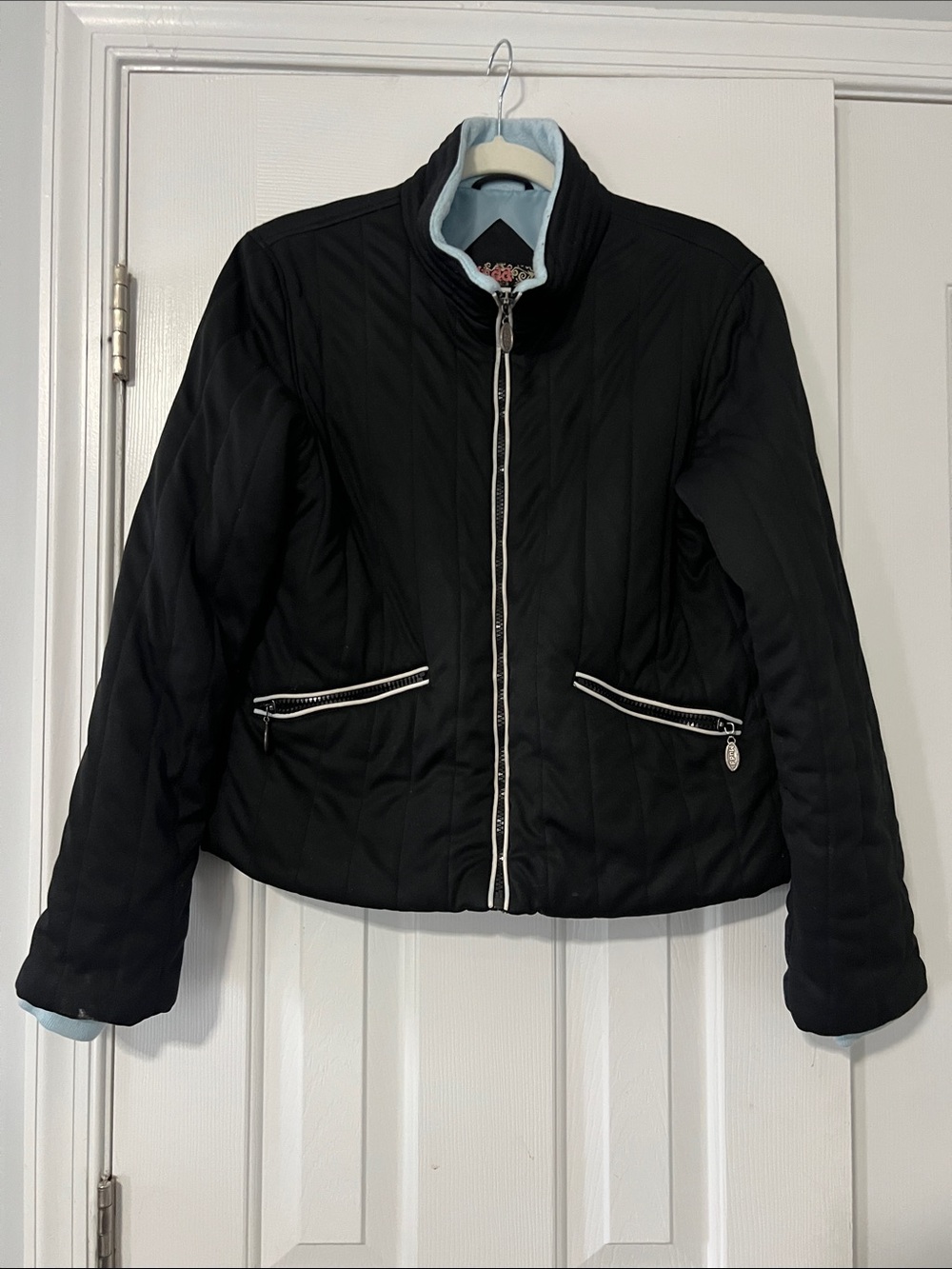 Mudd Black Quilted Zip-Front Puffer Jacket with Contrast Trim
